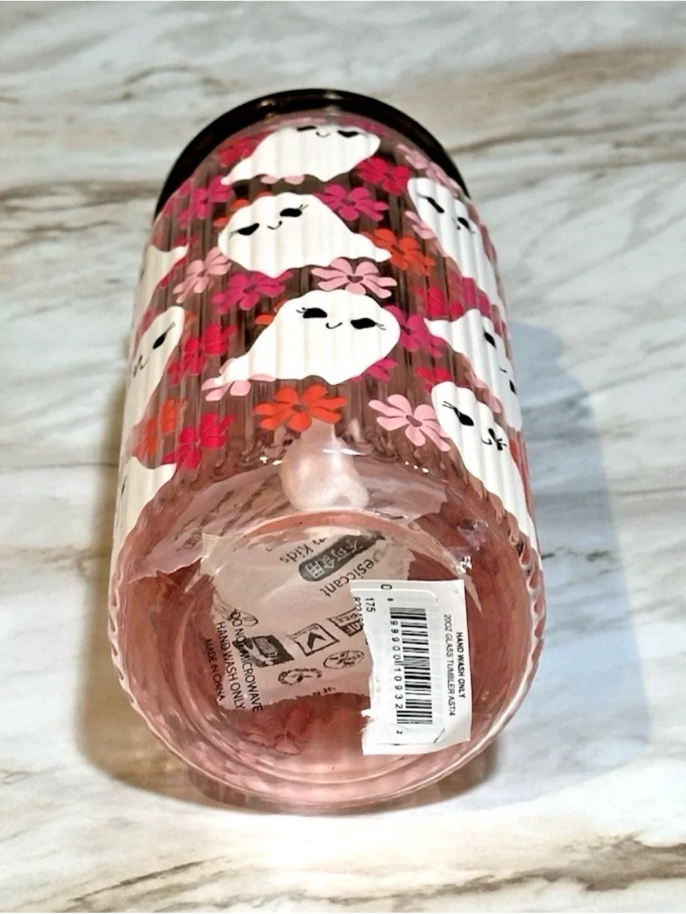 20 Ounce Halloween Pink Glass With Ghosts and Flowers Print Lid and Straw